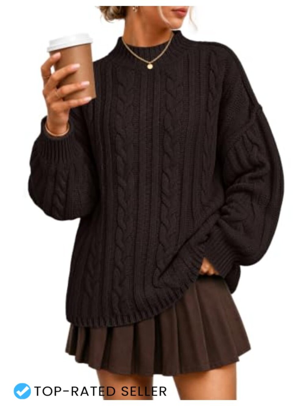 Oversized Mock Neck Cable Knit Sweater Pullover Drop Shoulder Women's